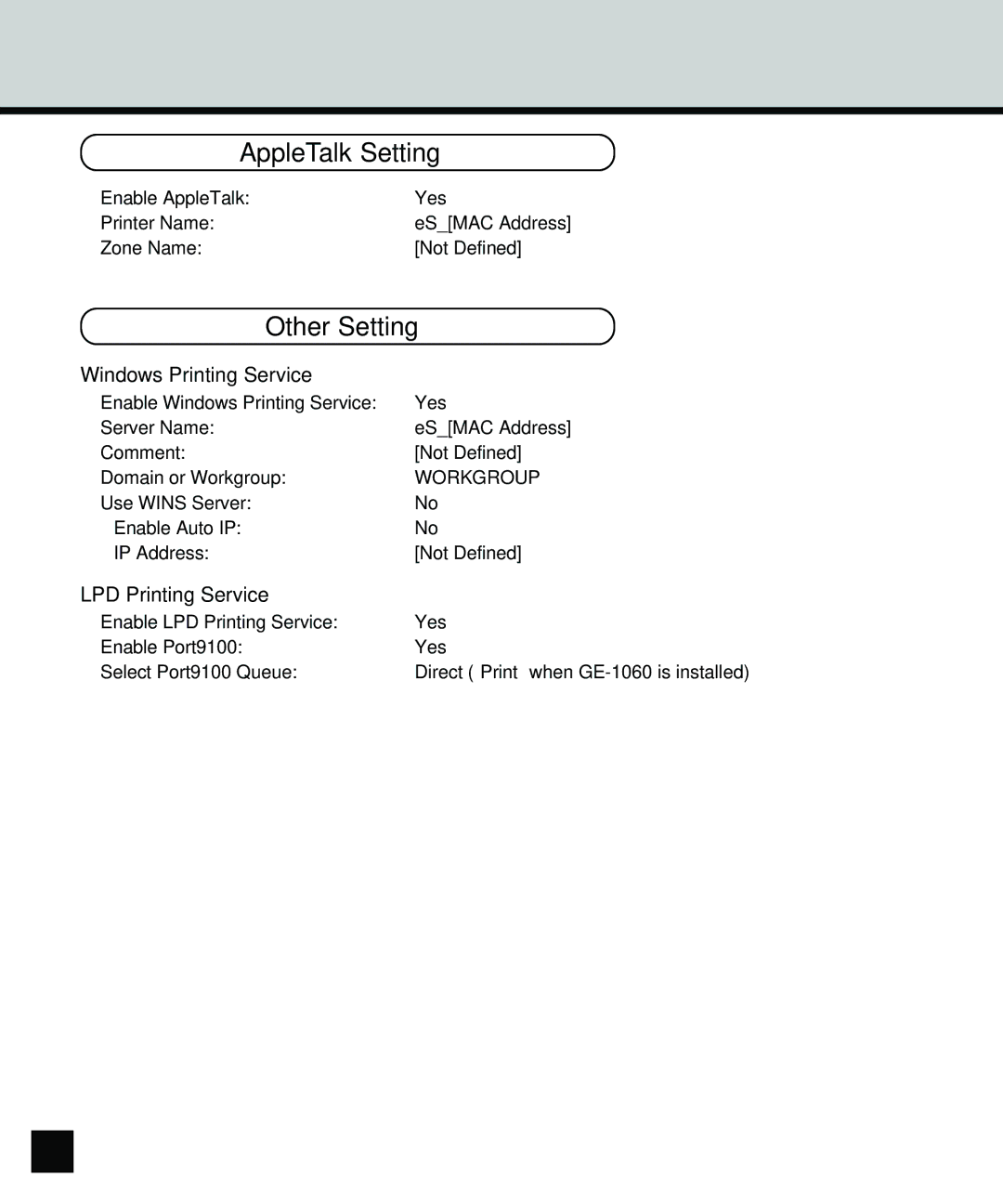 Toshiba GA-1140 manual AppleTalk Setting, Other Setting, Windows Printing Service, LPD Printing Service, 144 