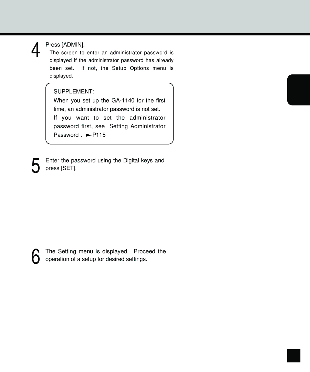 Toshiba GA-1140 manual Press Admin, Supplement 