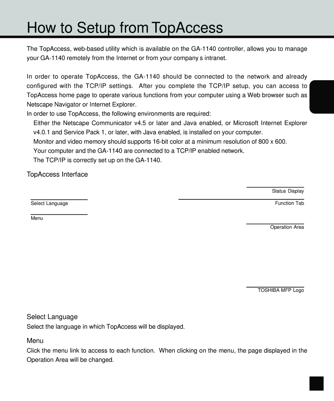 Toshiba GA-1140 manual How to Setup from TopAccess, TopAccess Interface, Select Language, Menu 
