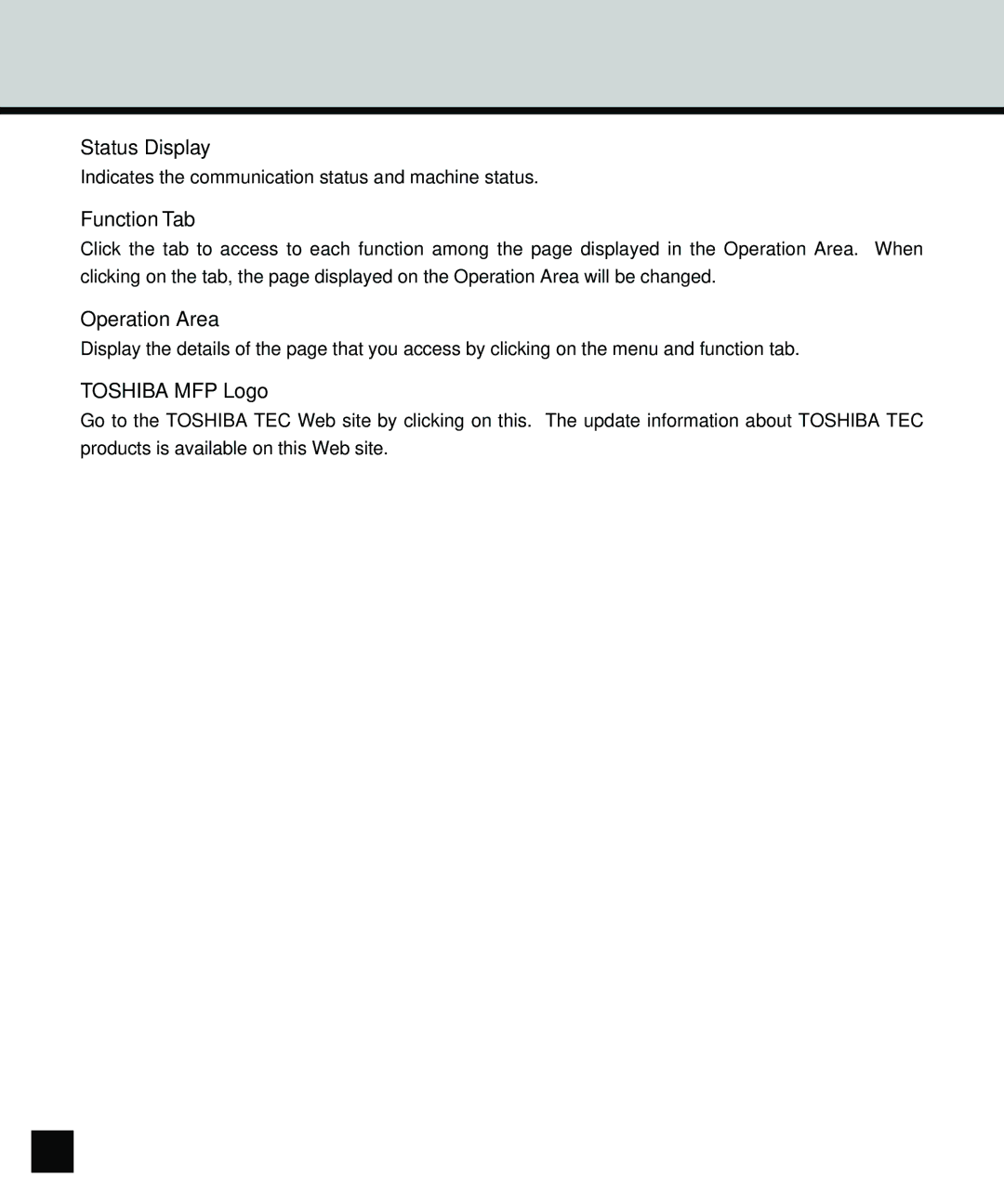 Toshiba GA-1140 manual Status Display, Function Tab, Operation Area, Toshiba MFP Logo 