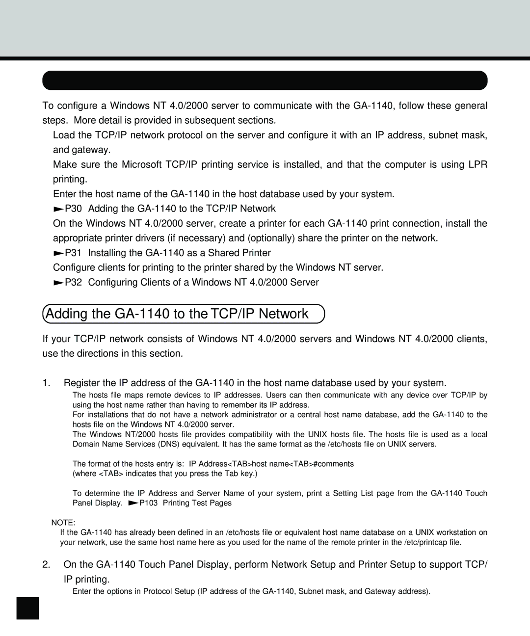 Toshiba manual Configuring a Windows NT 4.0/2000 Server, Adding the GA-1140 to the TCP/IP Network 