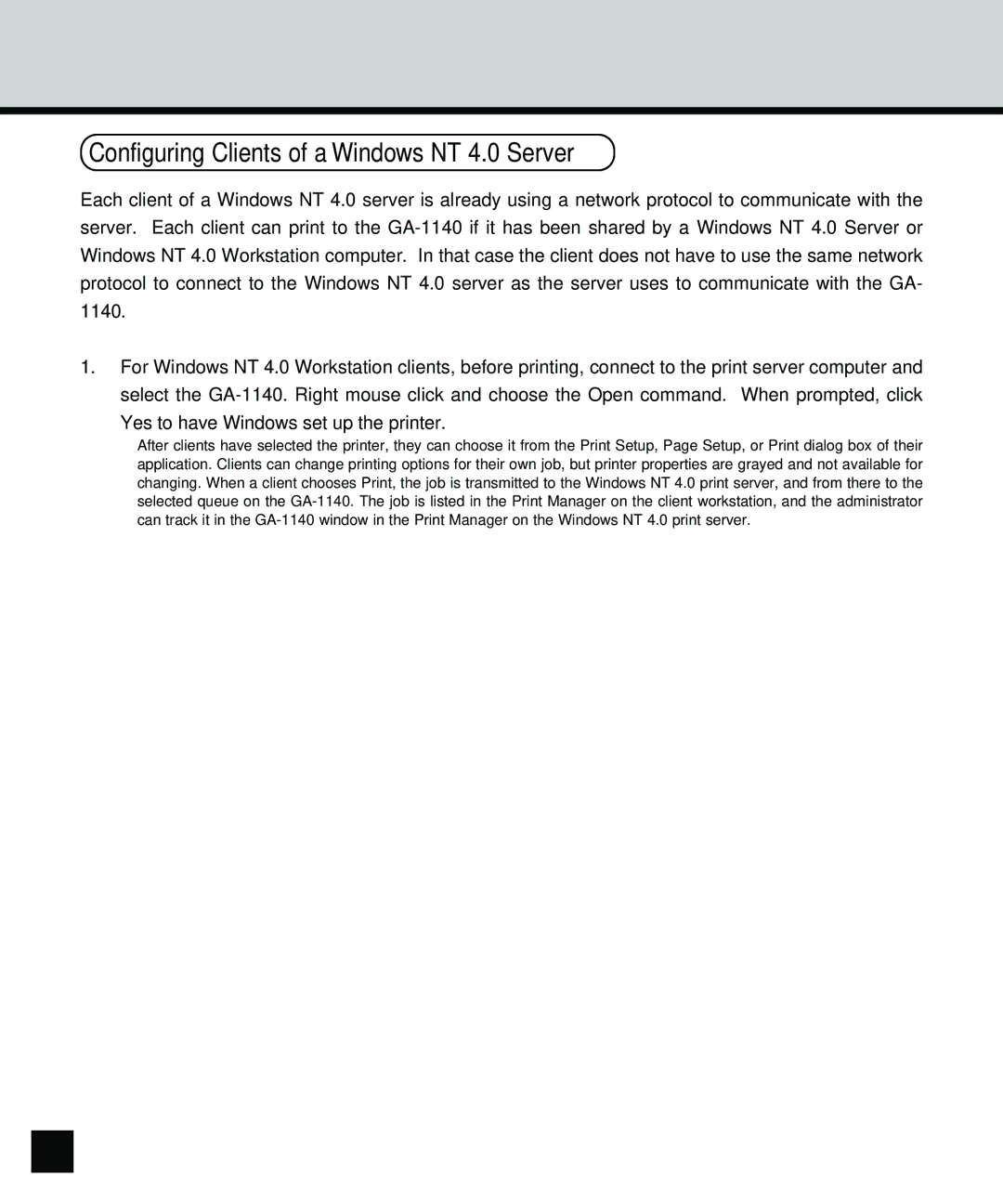 Toshiba GA-1140 manual Configuring Clients of a Windows NT 4.0 Server 