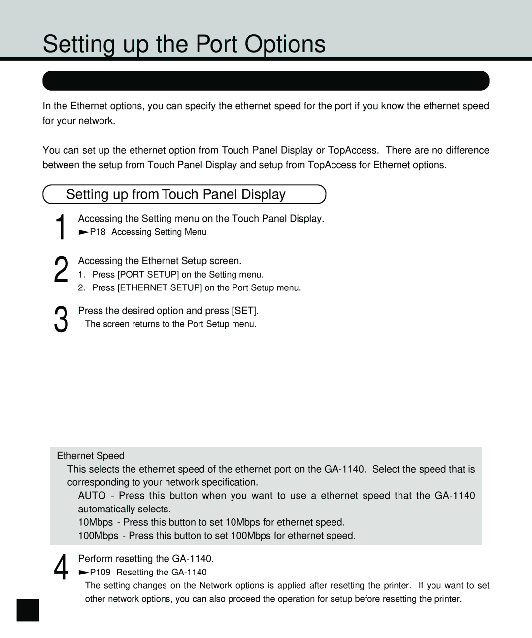 Toshiba GA-1140 manual Setting up the Port Options, Setting up the Ethernet Options, Setting up from Touch Panel Display 