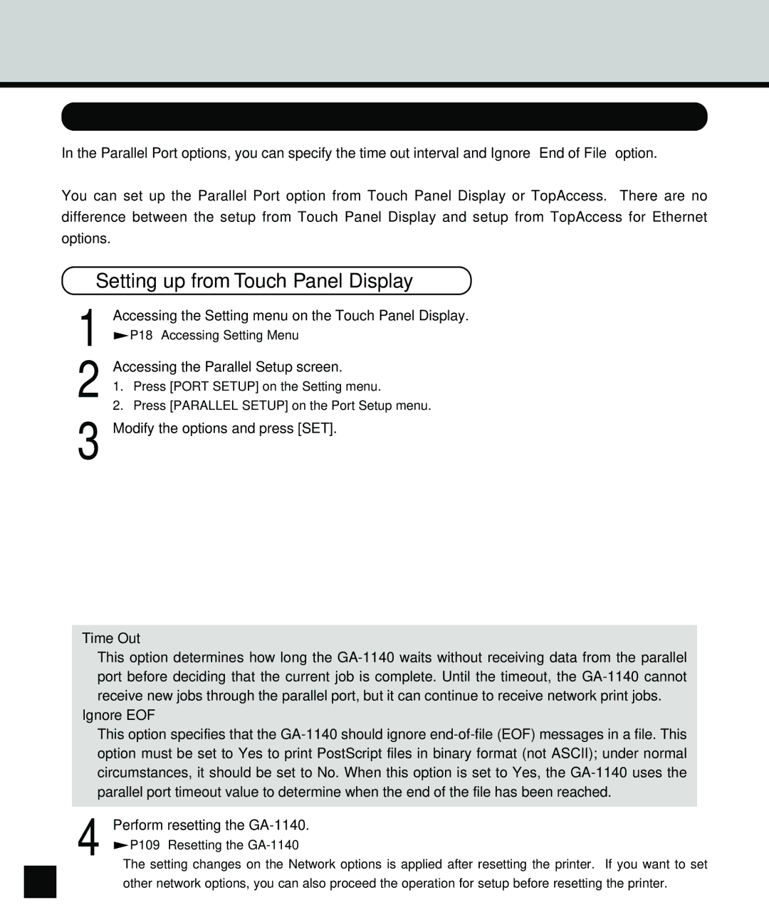 Toshiba GA-1140 manual Setting up the Parallel Port Options, Accessing the Parallel Setup screen, Time Out, Ignore EOF 