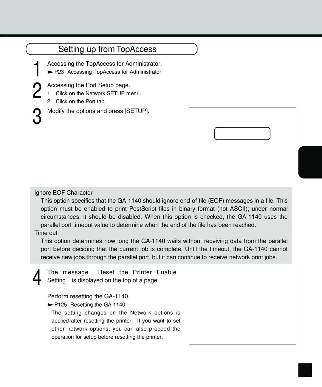 Toshiba GA-1140 manual Modify the options and press Setup, Ignore EOF Character 