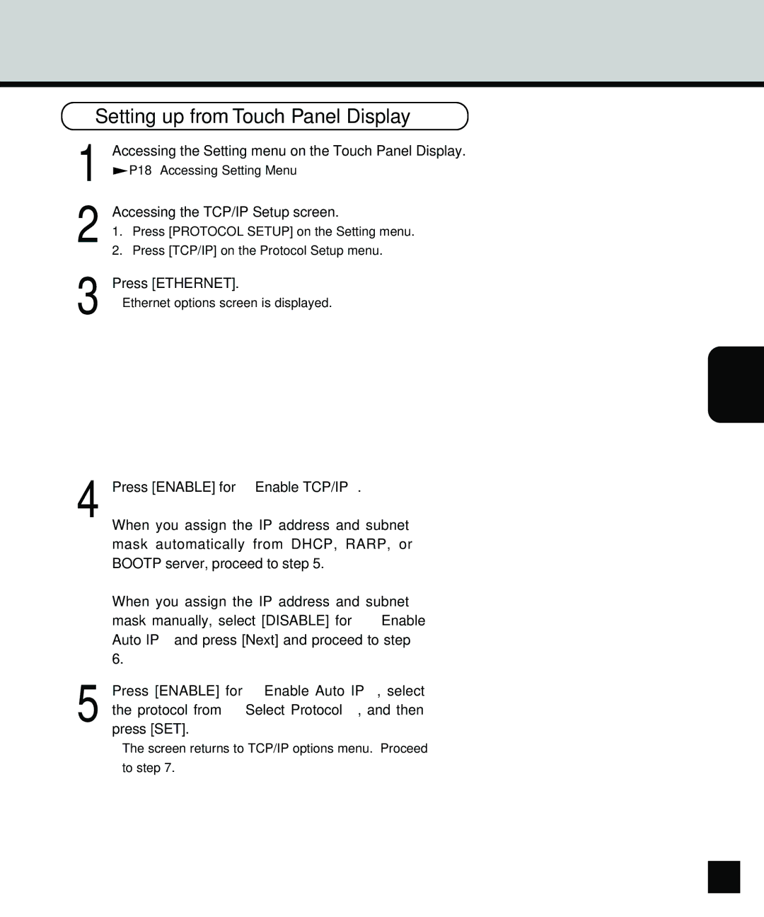 Toshiba GA-1140 manual Accessing the TCP/IP Setup screen, Press Ethernet 