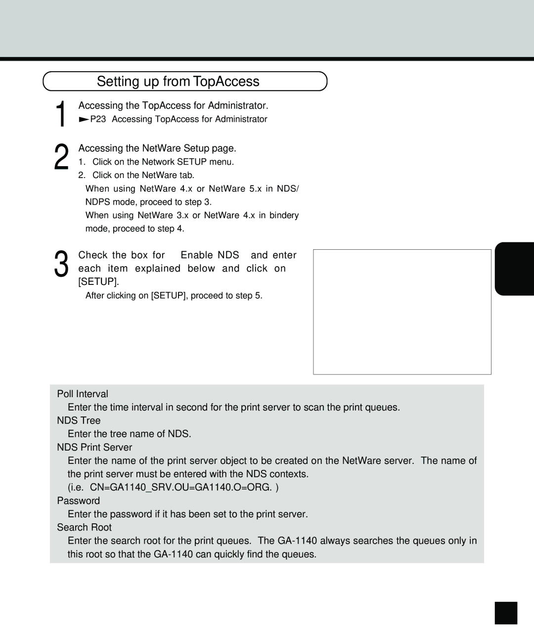 Toshiba GA-1140 manual Accessing the NetWare Setup, Poll Interval 