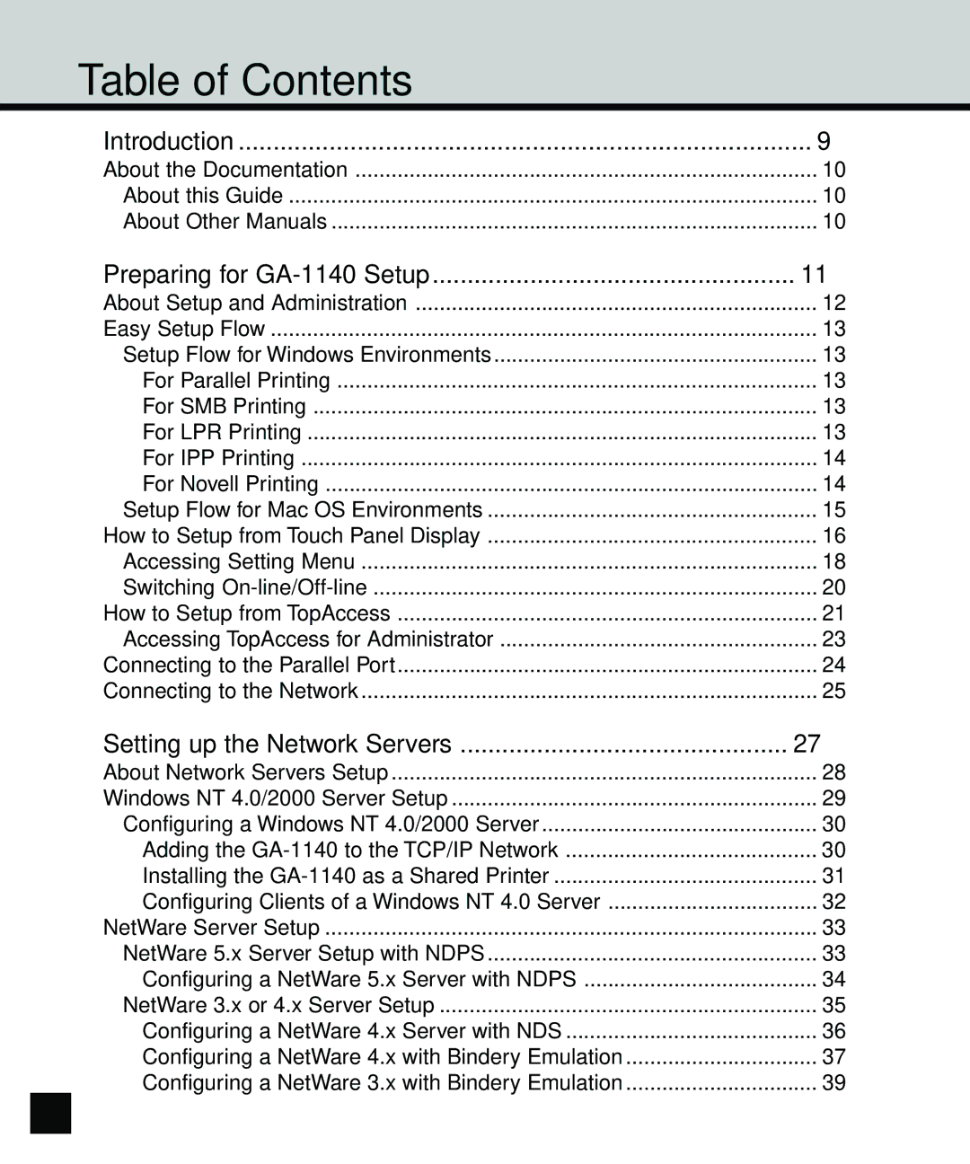 Toshiba GA-1140 manual Table of Contents 