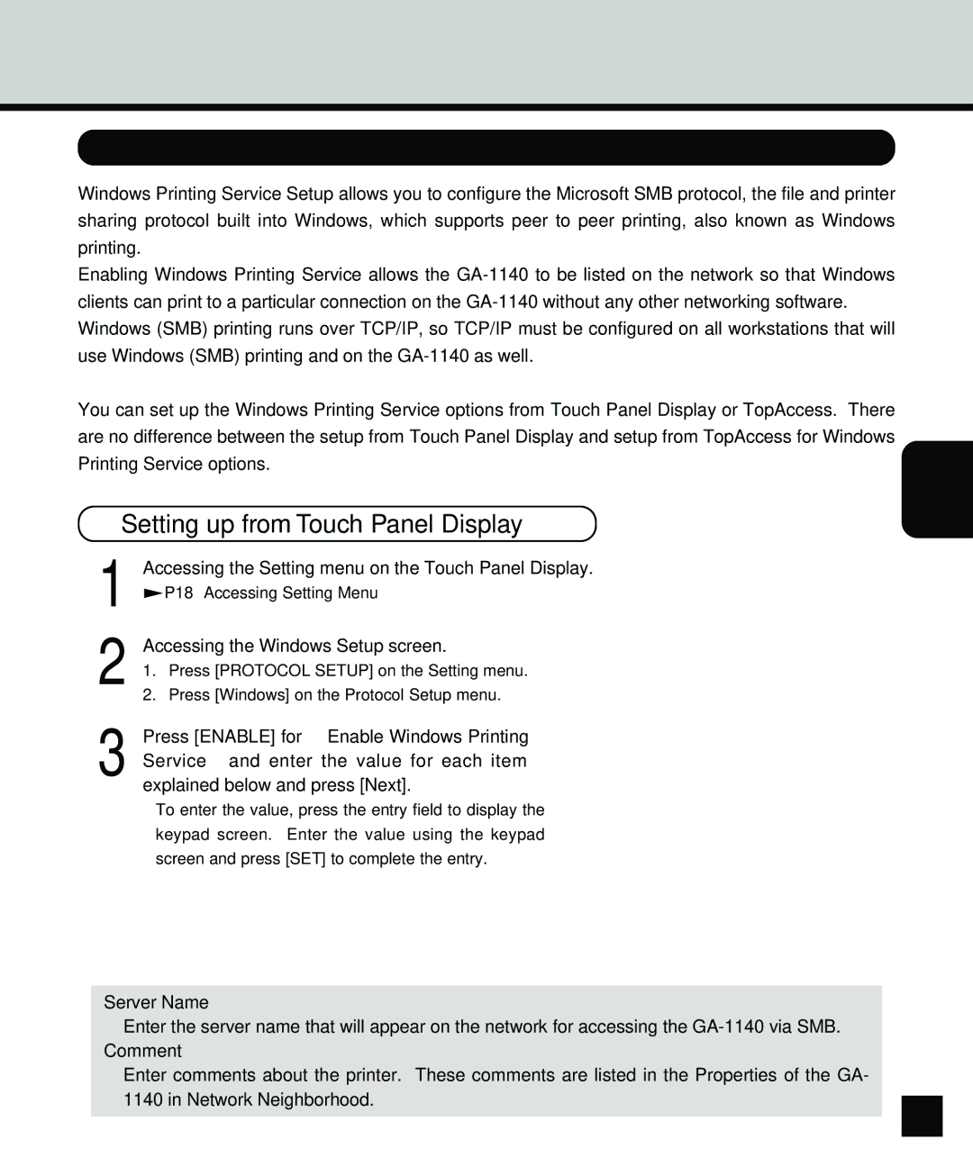 Toshiba GA-1140 manual Setting up the Windows Printing Service, Accessing the Windows Setup screen, Server Name, Comment 