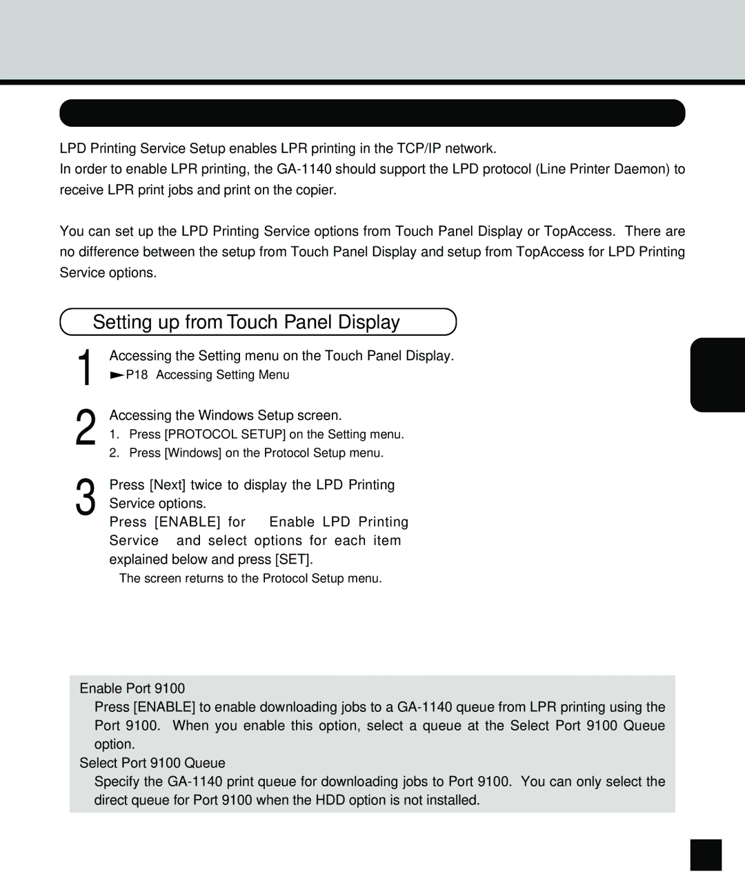 Toshiba GA-1140 manual Setting up the LPD Printing Service, Enable Port, Select Port 9100 Queue 