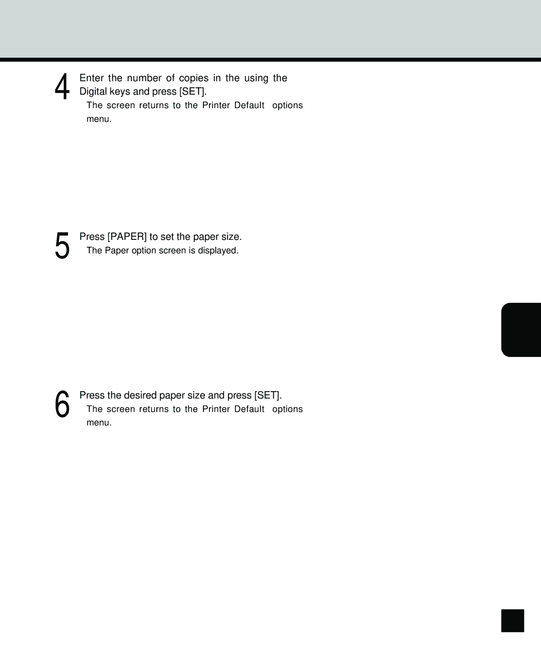 Toshiba GA-1140 manual Press Paper to set the paper size, Press the desired paper size and press SET 