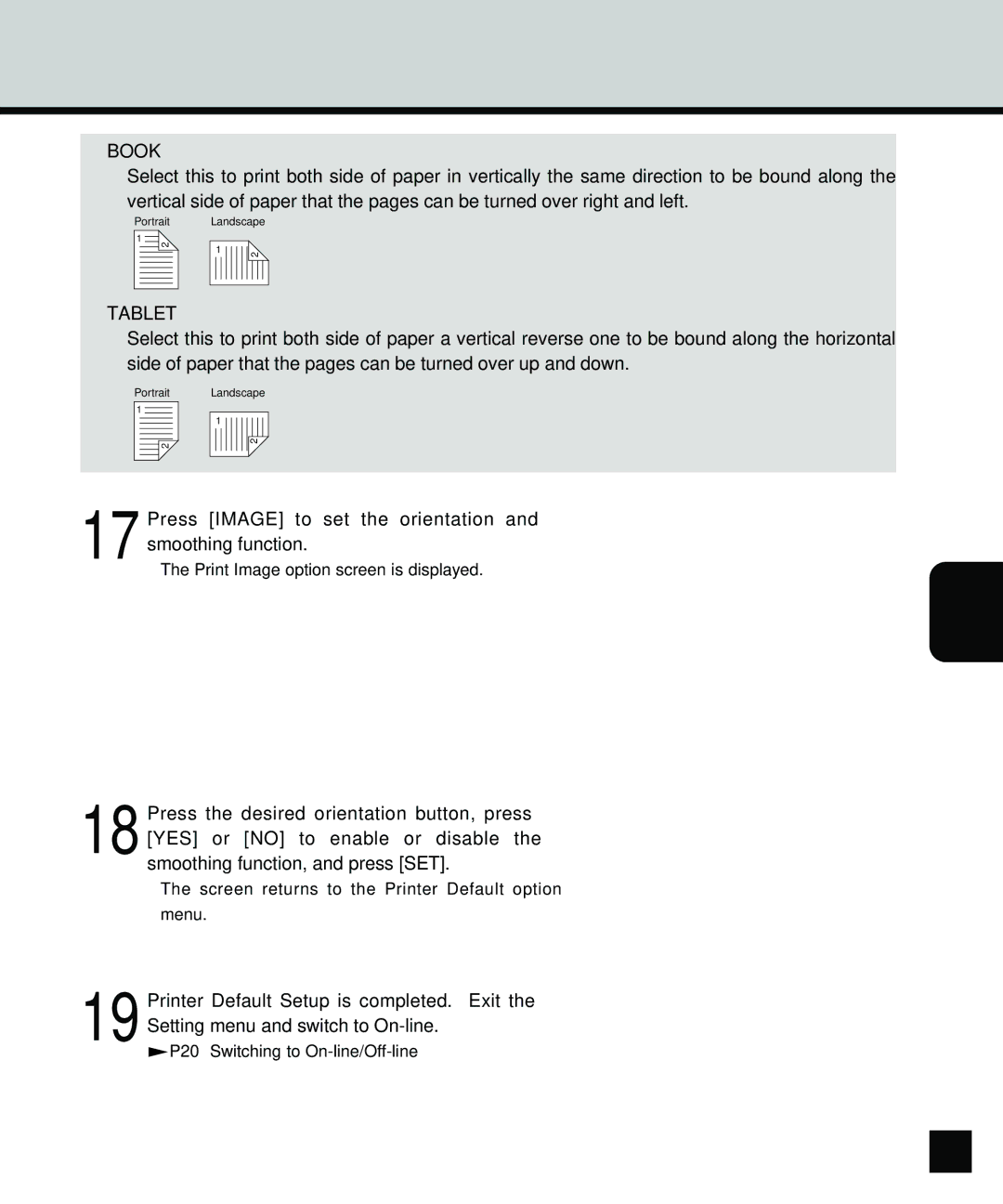 Toshiba GA-1140 manual Book, Tablet, Press Image to set the orientation and smoothing function 