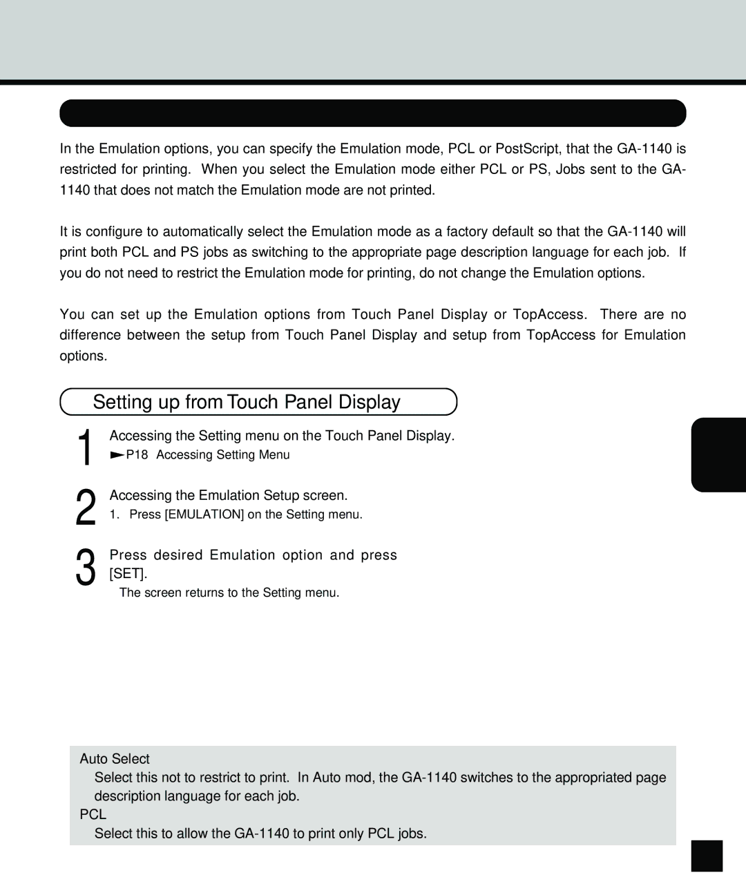 Toshiba GA-1140 manual Setting up the Emulation Options, Accessing the Emulation Setup screen, Auto Select, Pcl 