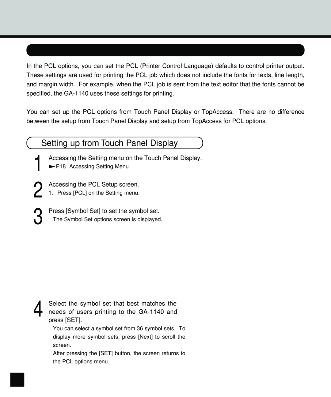 Toshiba GA-1140 manual Setting up the PCL Options, Press Symbol Set to set the symbol set 