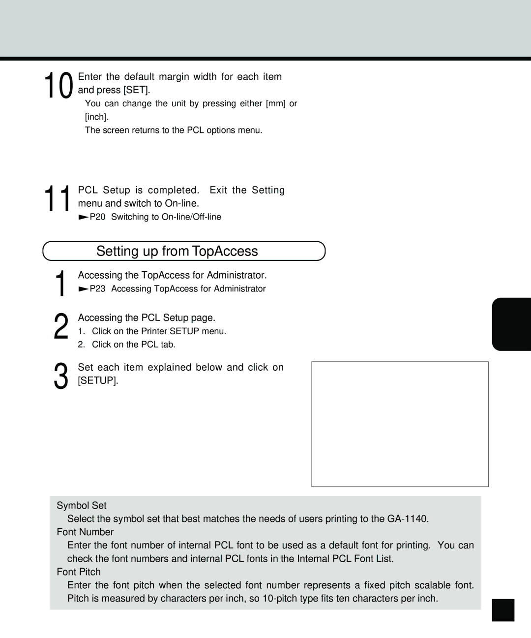 Toshiba GA-1140 manual Enter the default margin width for each item and press SET, Accessing the PCL Setup, Symbol Set 