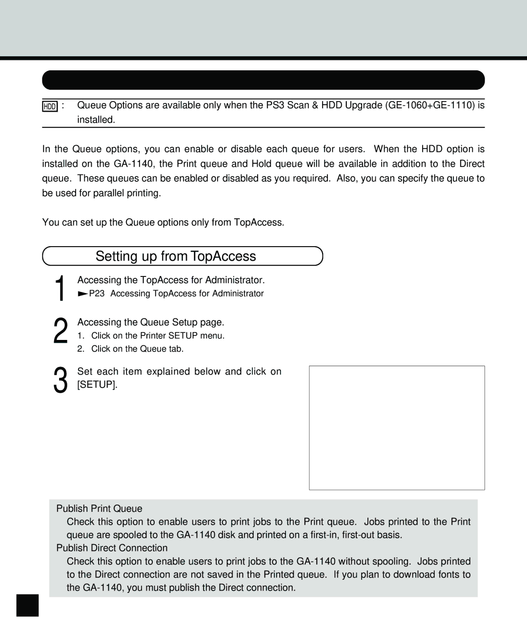 Toshiba GA-1140 manual Setting up the Queue Options, Accessing the Queue Setup, Publish Direct Connection 