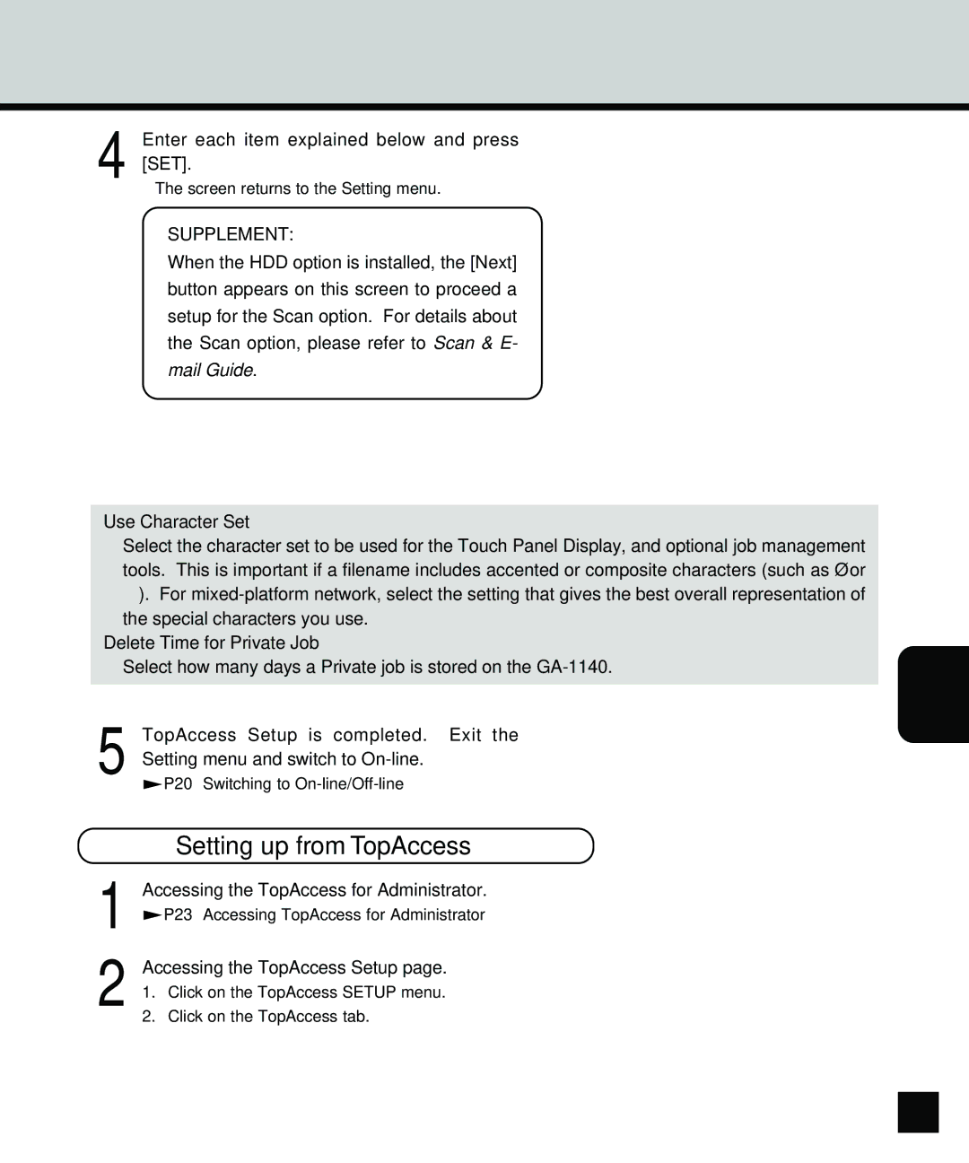 Toshiba GA-1140 manual Use Character Set, Delete Time for Private Job, TopAccess Setup is completed. Exit 