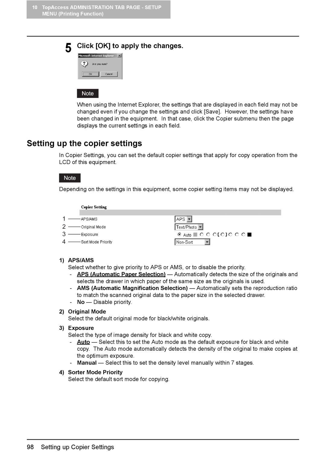 Toshiba GA-1190 setup guide Setting up the copier settings, Original Mode, Exposure, Sorter Mode Priority 