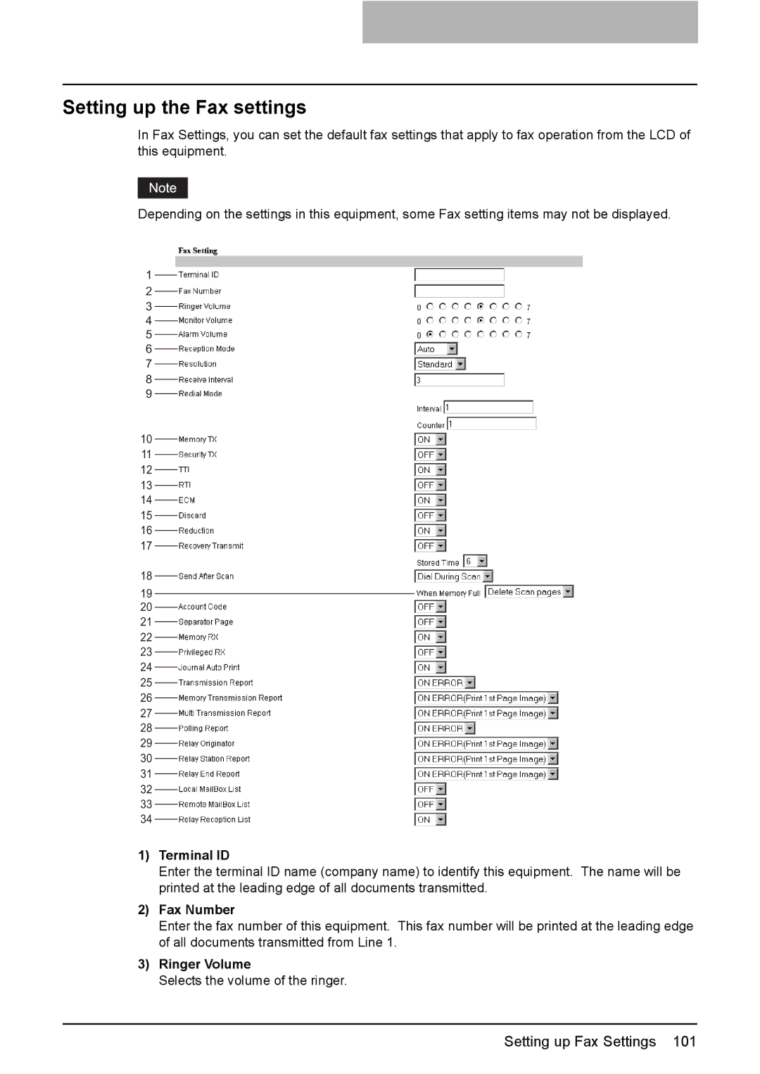 Toshiba GA-1190 setup guide Setting up the Fax settings, Terminal ID, Fax Number, Ringer Volume 