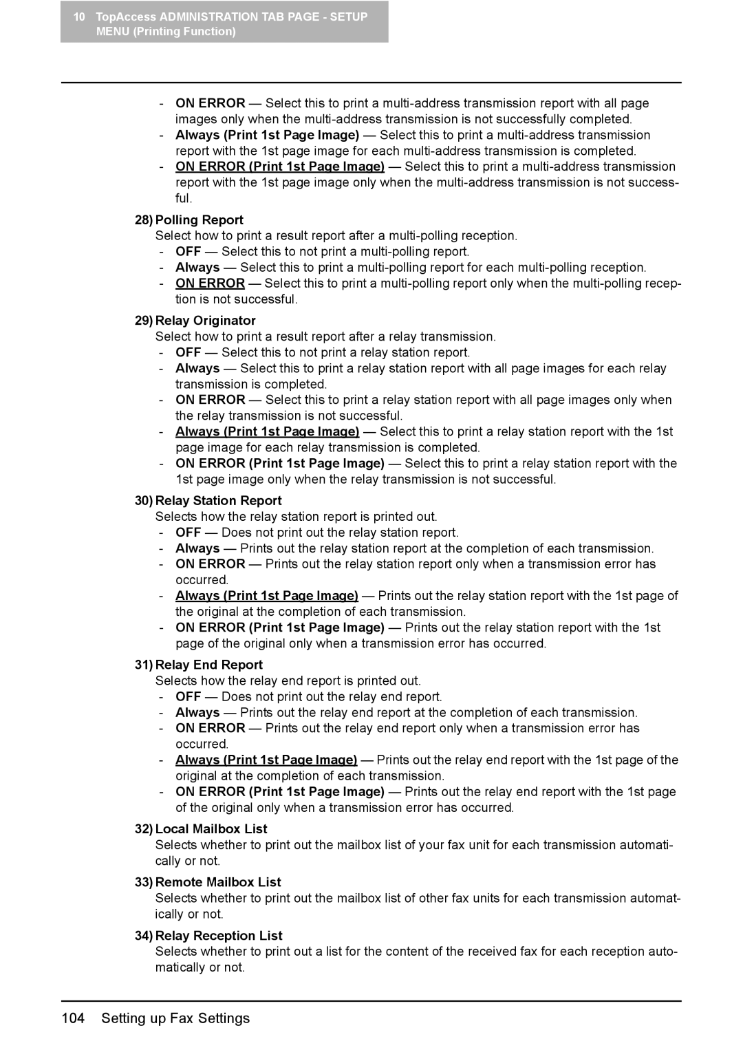 Toshiba GA-1190 28Polling Report, 29Relay Originator, 30Relay Station Report, 31Relay End Report, 32Local Mailbox List 