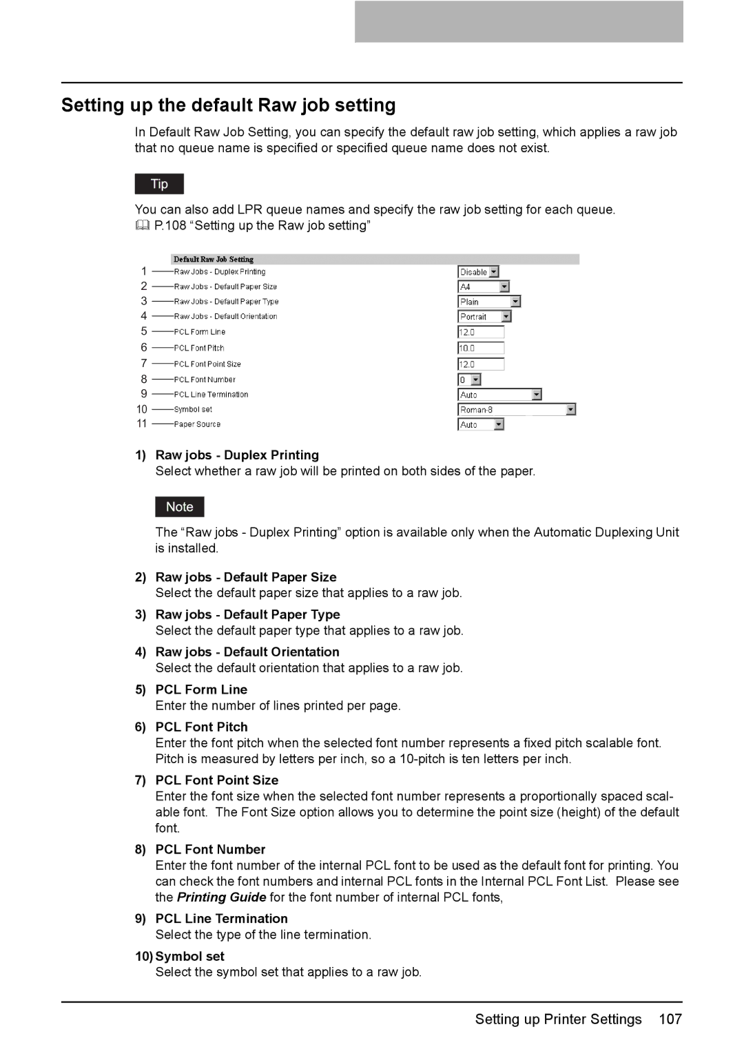 Toshiba GA-1190 setup guide Setting up the default Raw job setting 