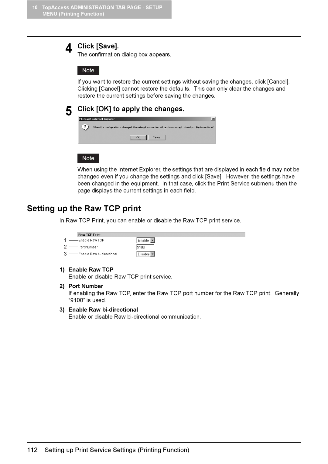 Toshiba GA-1190 setup guide Setting up the Raw TCP print, Enable Raw TCP, Port Number, Enable Raw bi-directional 