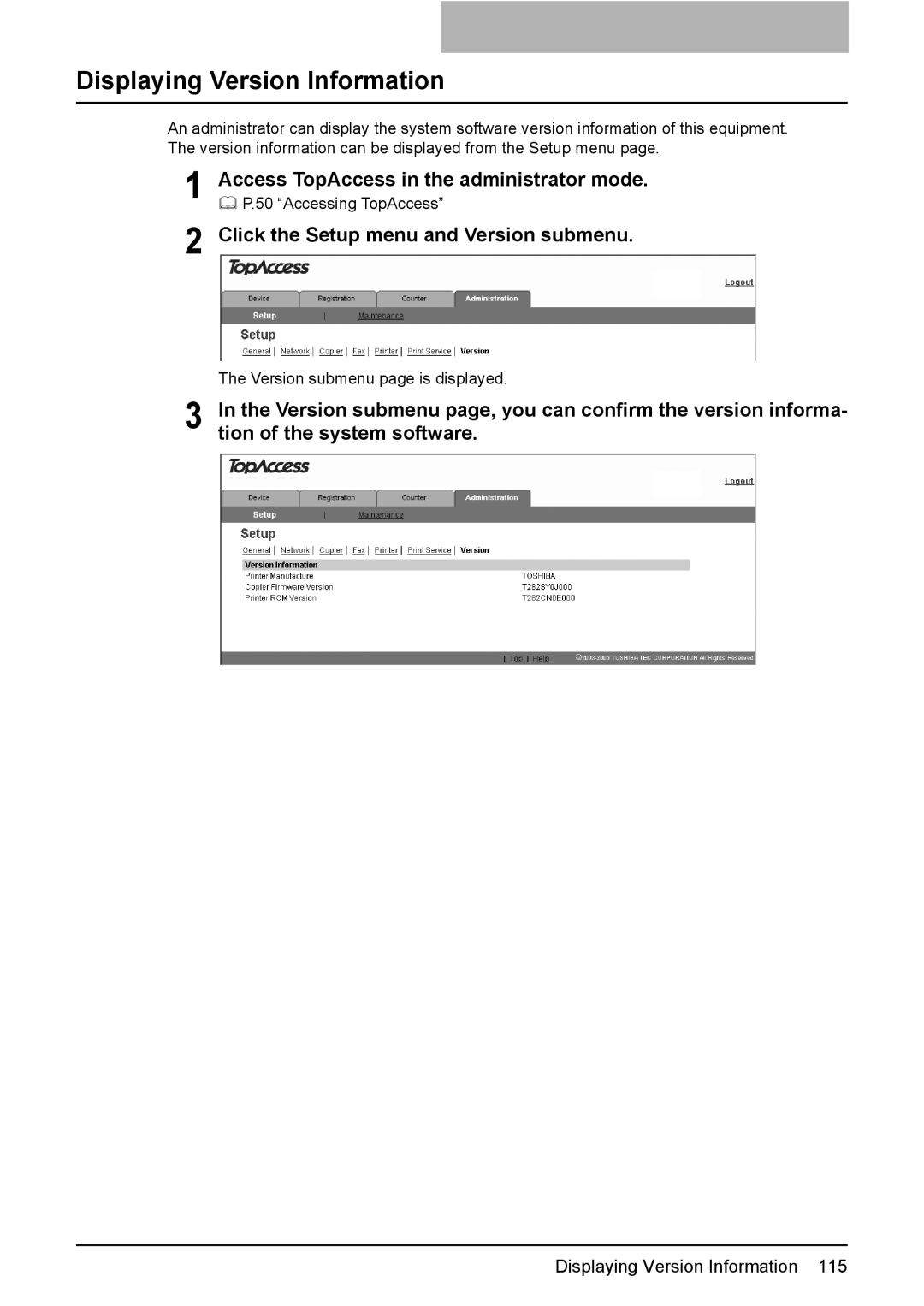 Toshiba GA-1190 setup guide Displaying Version Information, Click the Setup menu and Version submenu 