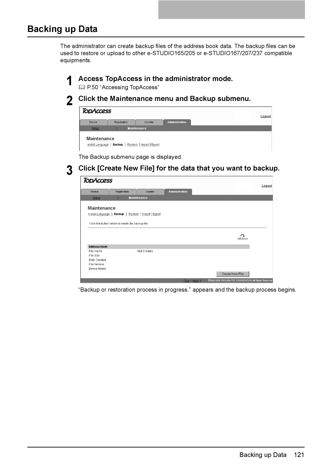 Toshiba GA-1190 setup guide Backing up Data, Click the Maintenance menu and Backup submenu 