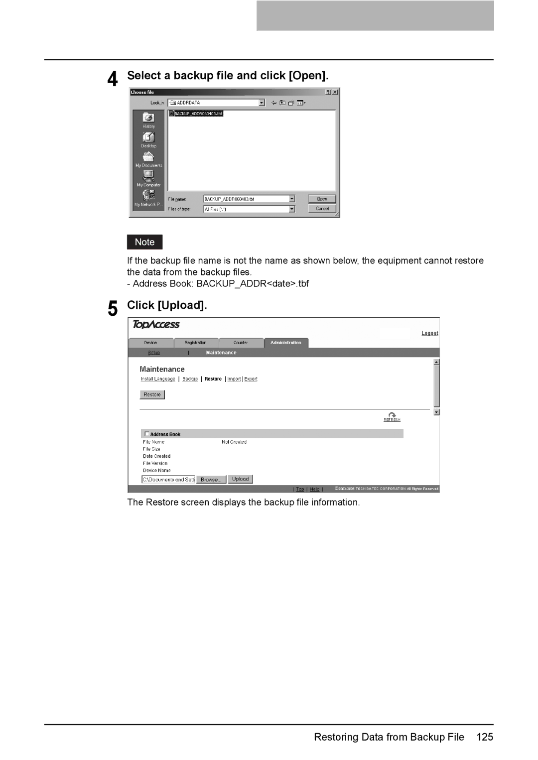 Toshiba GA-1190 setup guide Select a backup file and click Open, Click Upload 