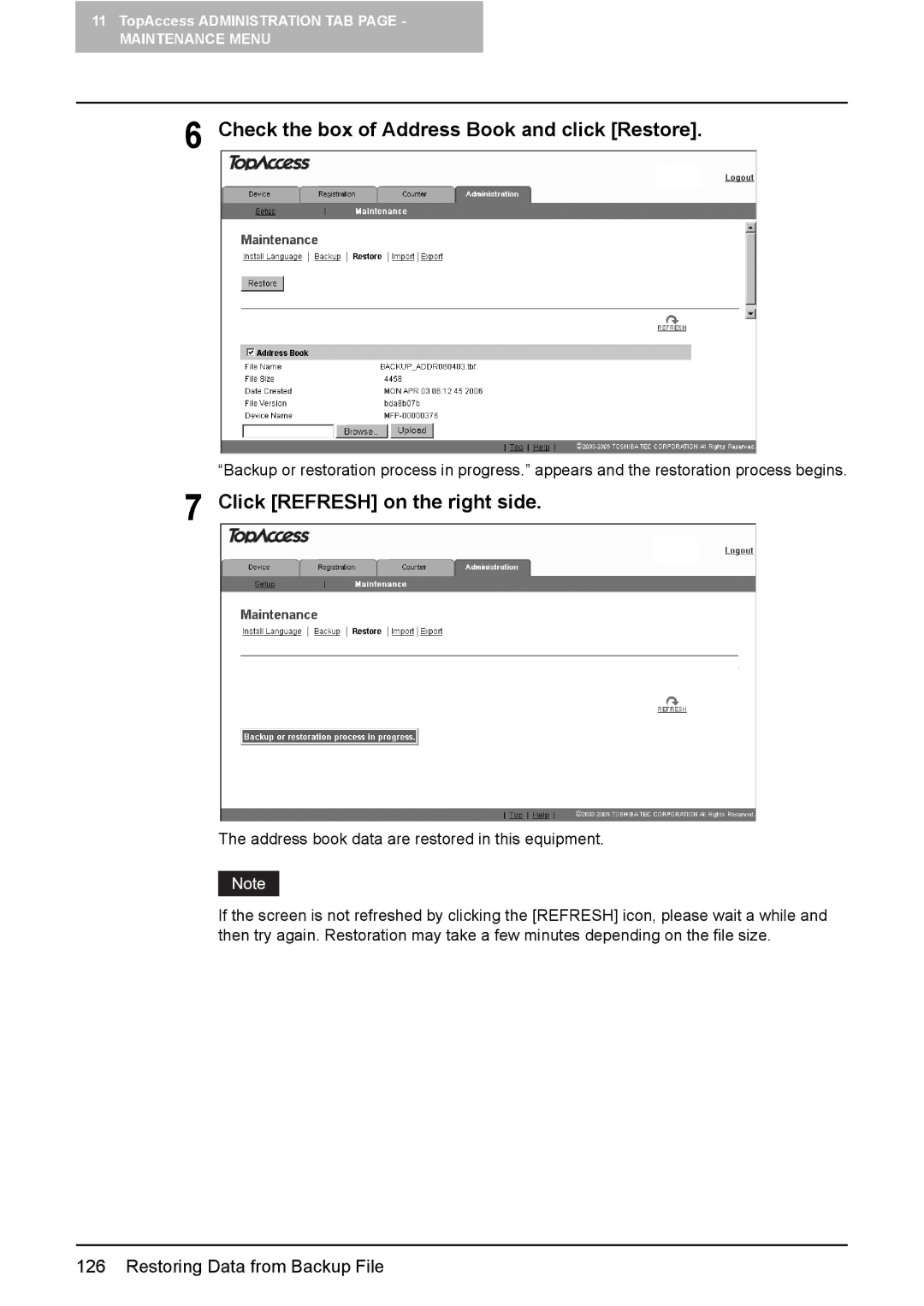 Toshiba GA-1190 setup guide Check the box of Address Book and click Restore, Click Refresh on the right side 