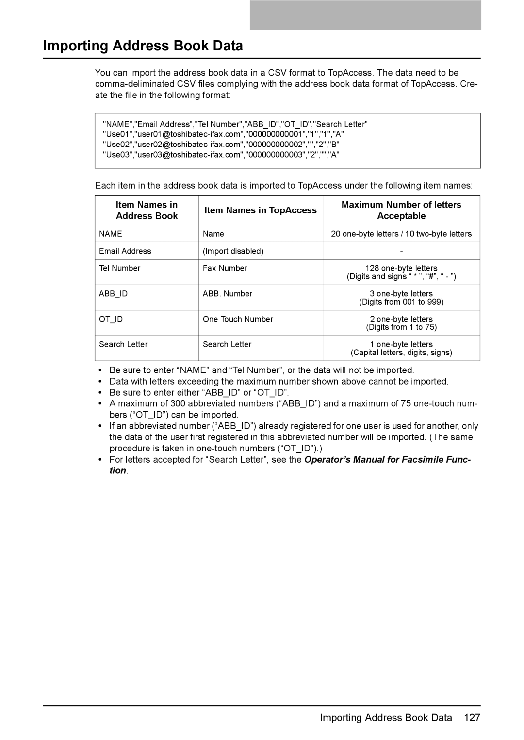 Toshiba GA-1190 setup guide Importing Address Book Data, Name 