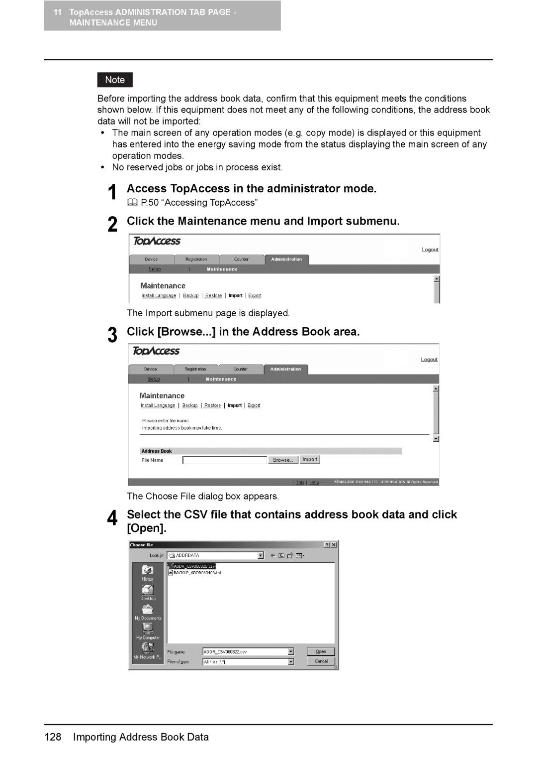 Toshiba GA-1190 setup guide Click the Maintenance menu and Import submenu, Click Browse... in the Address Book area 