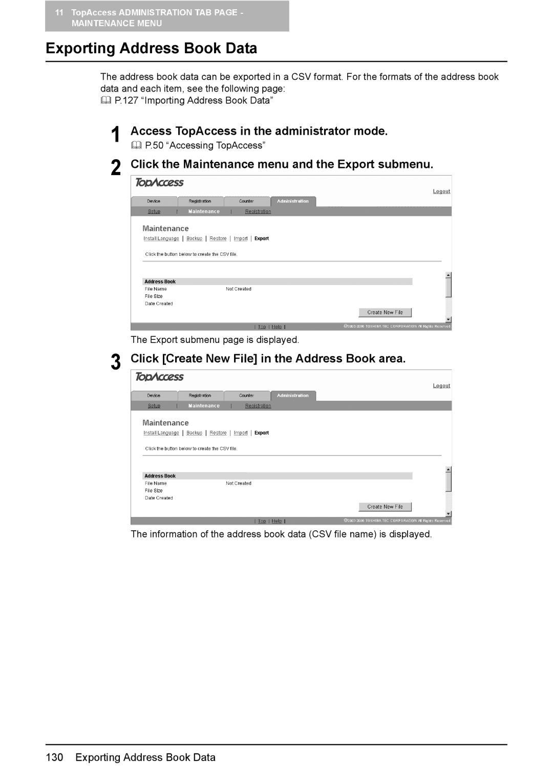 Toshiba GA-1190 setup guide Exporting Address Book Data, Click the Maintenance menu and the Export submenu 