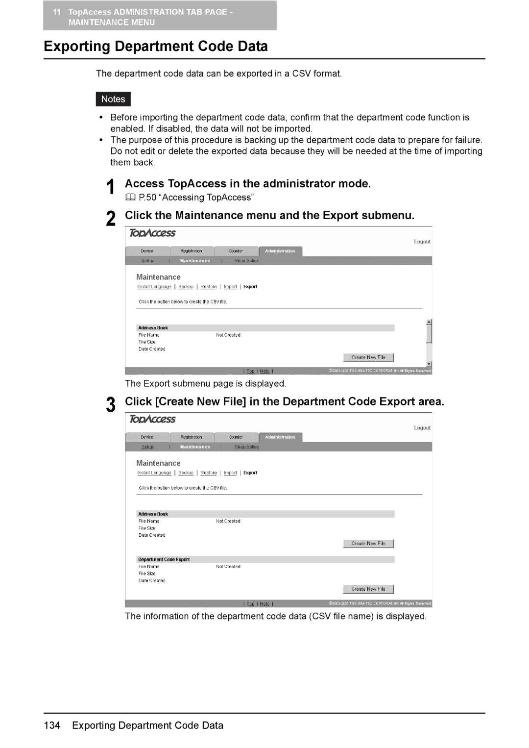 Toshiba GA-1190 setup guide Exporting Department Code Data, Click Create New File in the Department Code Export area 