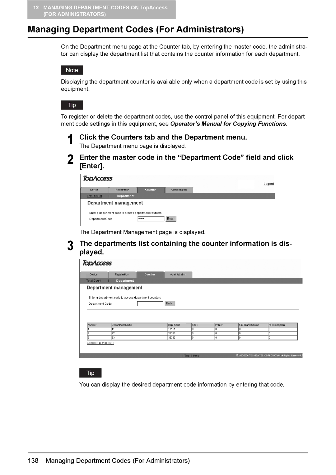 Toshiba GA-1190 setup guide Managing Department Codes For Administrators 