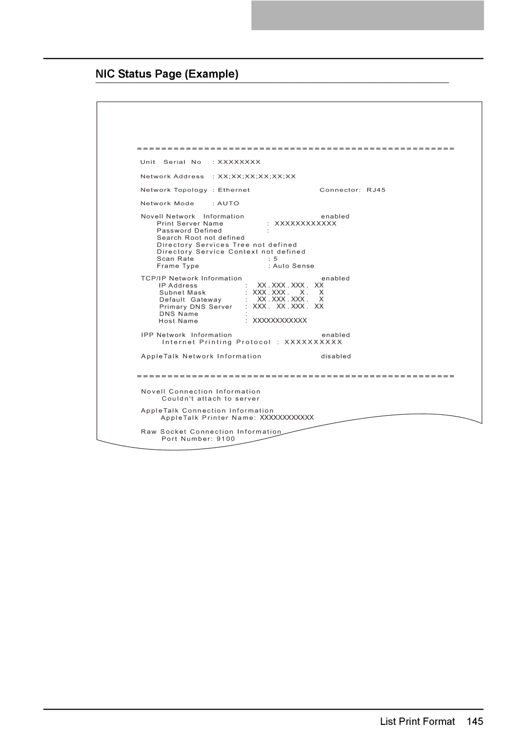 Toshiba GA-1190 setup guide NIC Status Page Example, Xxxxxxxxxxxx 