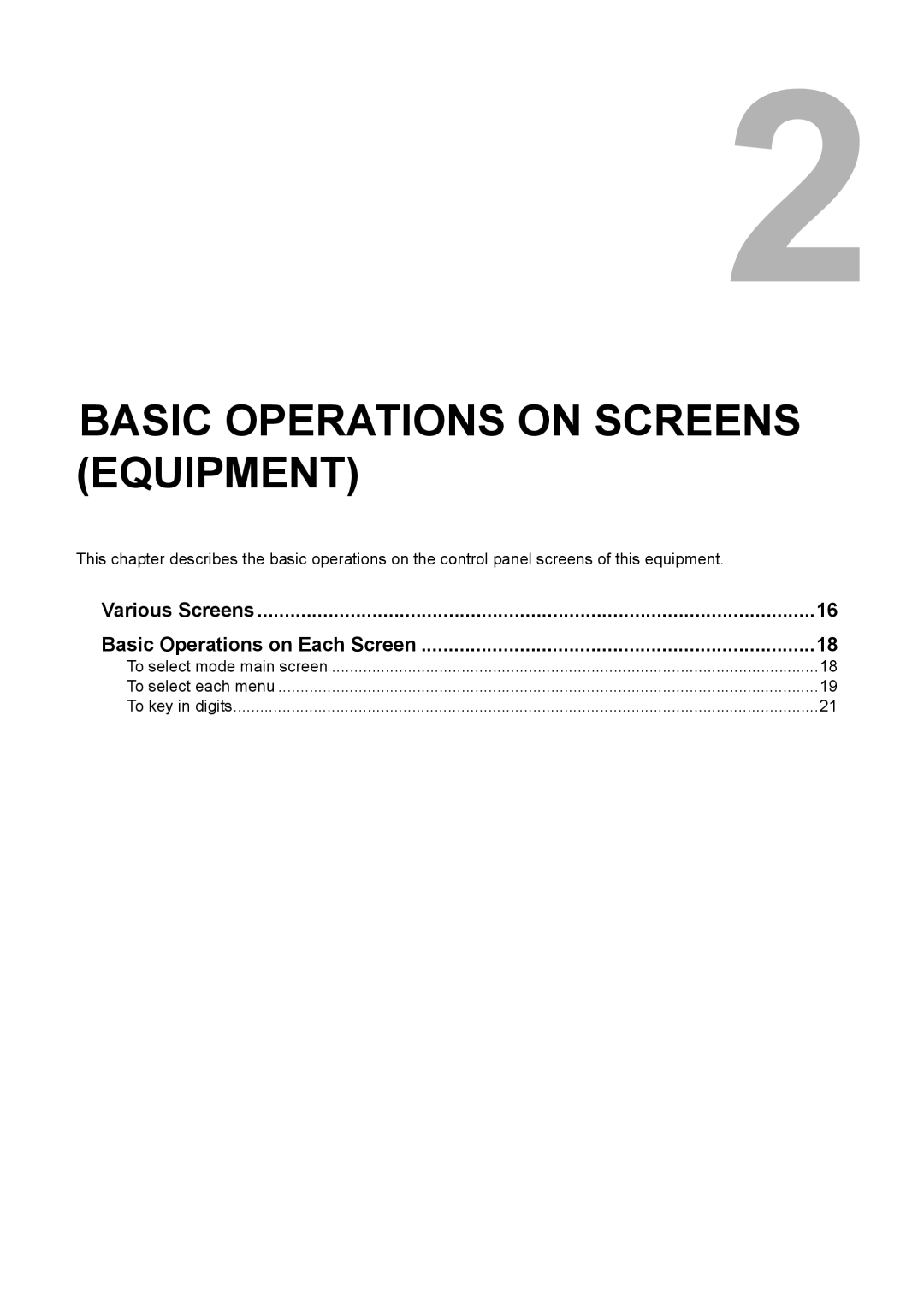 Toshiba GA-1190 setup guide Basic Operations on Screens Equipment, Various Screens Basic Operations on Each Screen 