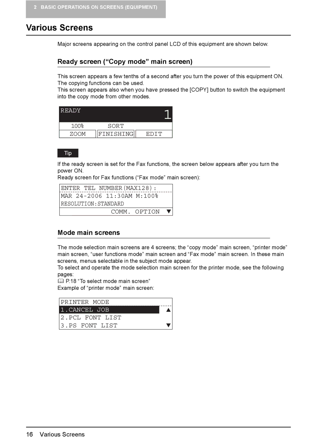 Toshiba GA-1190 setup guide Various Screens, Ready screen Copy mode main screen, Mode main screens 