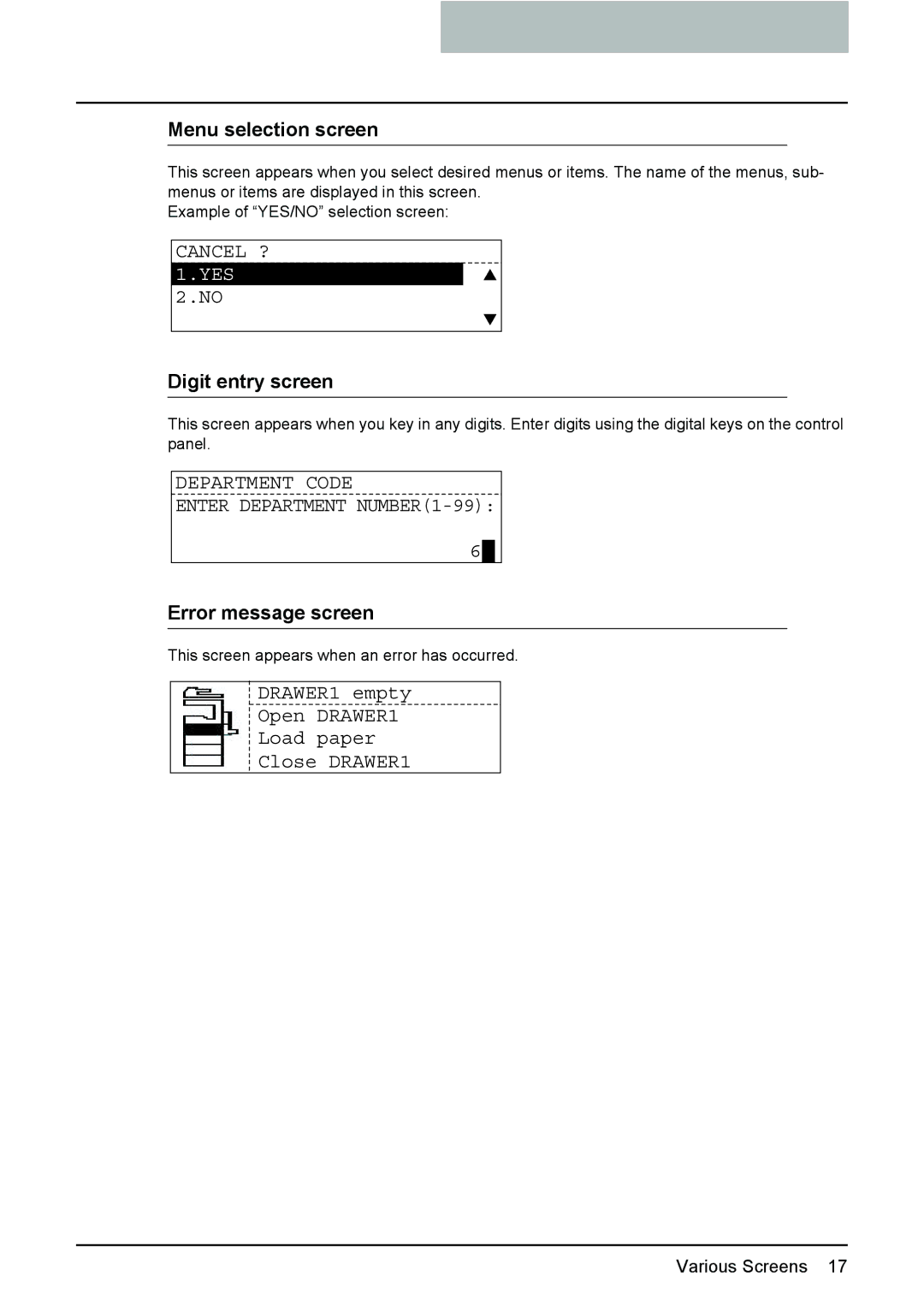 Toshiba GA-1190 setup guide Menu selection screen, Digit entry screen, Error message screen 