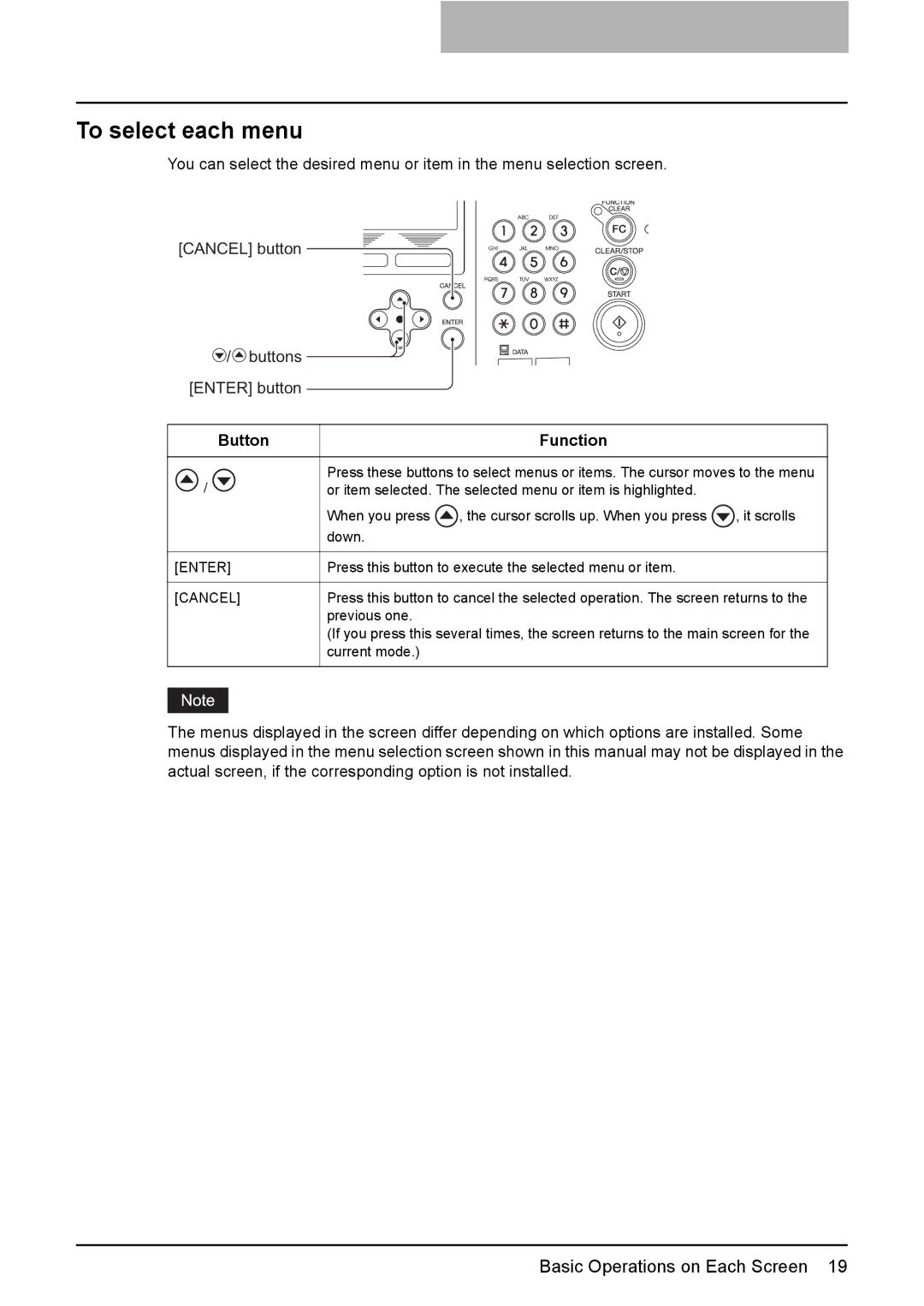 Toshiba GA-1190 setup guide To select each menu, Button Function 