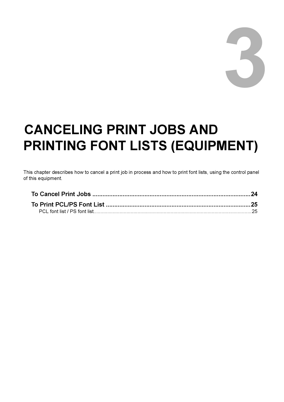 Toshiba GA-1190 setup guide To Cancel Print Jobs To Print PCL/PS Font List, PCL font list / PS font list 