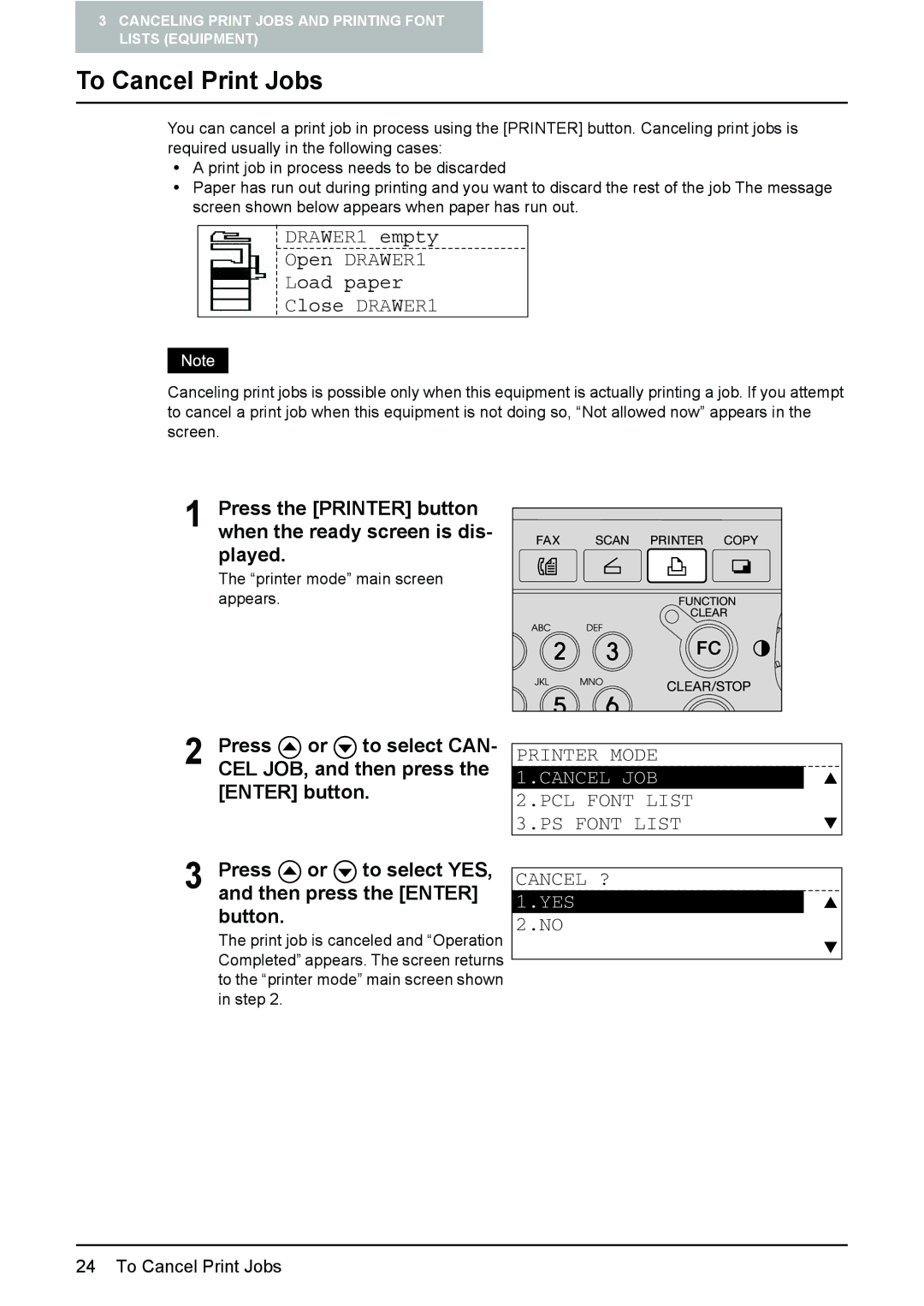 Toshiba GA-1190 setup guide To Cancel Print Jobs, Press or to select YES, and then press the Enter button 