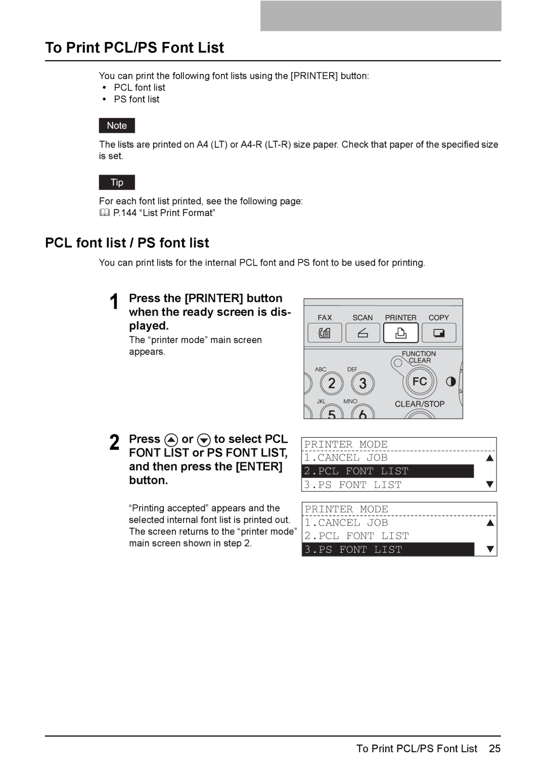 Toshiba GA-1190 setup guide To Print PCL/PS Font List, PCL font list / PS font list 