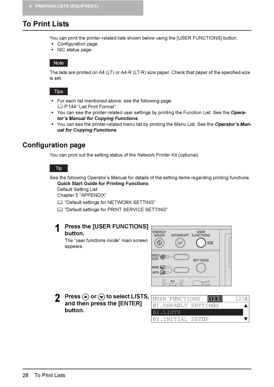 Toshiba GA-1190 To Print Lists, Configuration, Press the User Functions button, Quick Start Guide for Printing Functions 