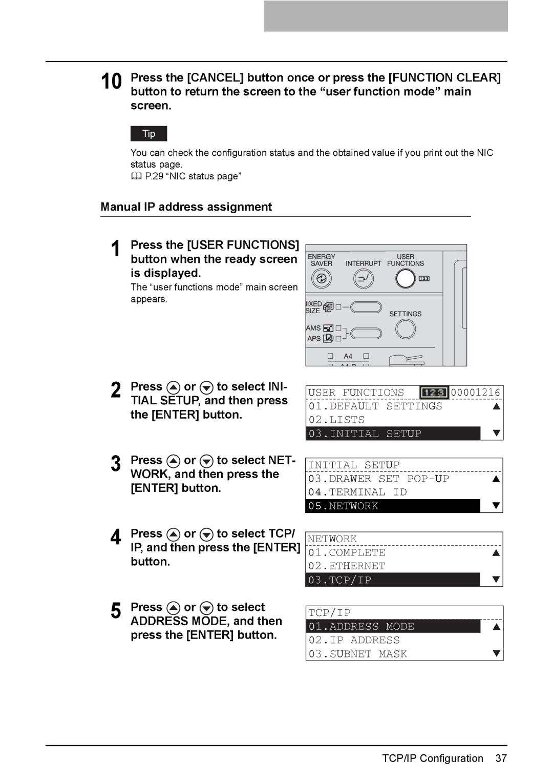 Toshiba GA-1190 Press To select INI, Tial SETUP, and then press, Enter button, User functions mode main screen Appears 