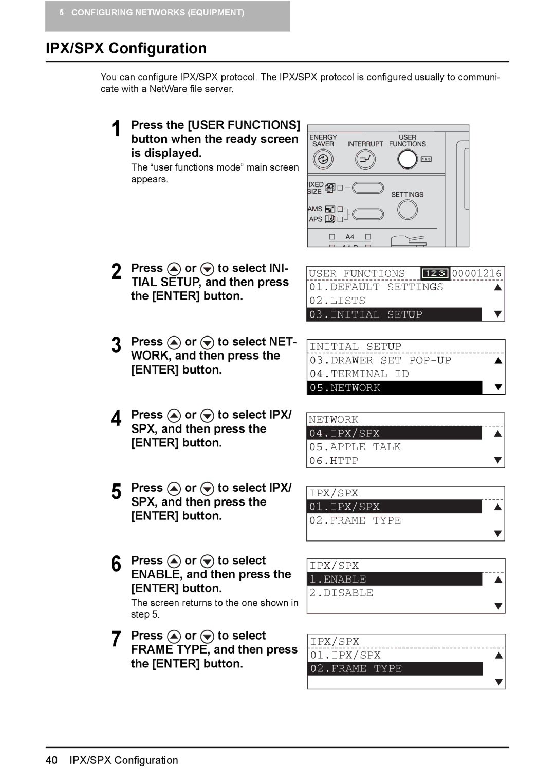 Toshiba GA-1190 setup guide IPX/SPX Configuration, Press or to select ENABLE, and then press the Enter button 