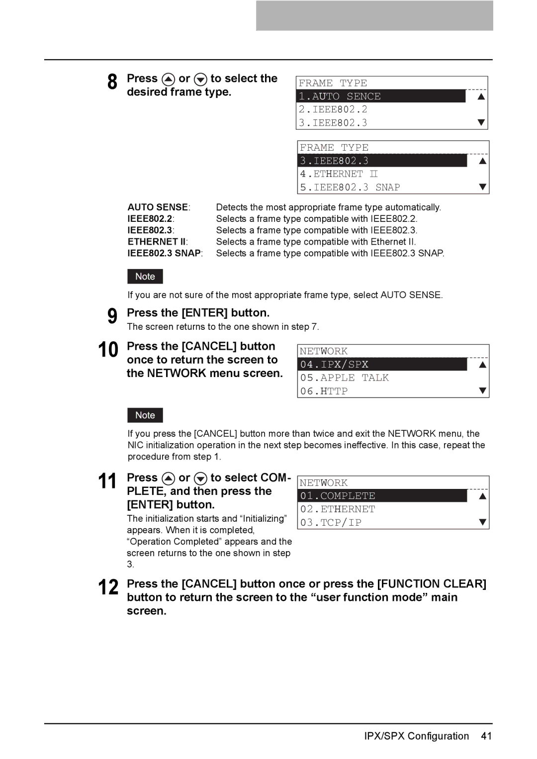 Toshiba GA-1190 setup guide Press or to select the desired frame type, Frame Type 1.AUTO Sence 2.IEEE802.2 3.IEEE802.3 