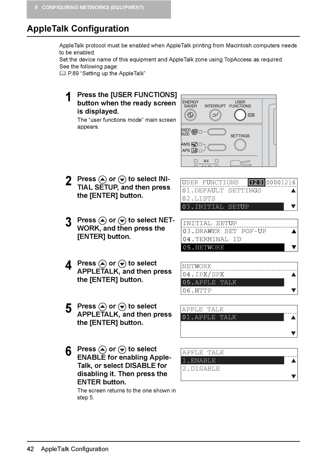 Toshiba GA-1190 setup guide AppleTalk Configuration, Apple Talk 1.ENABLE 2.DISABLE 