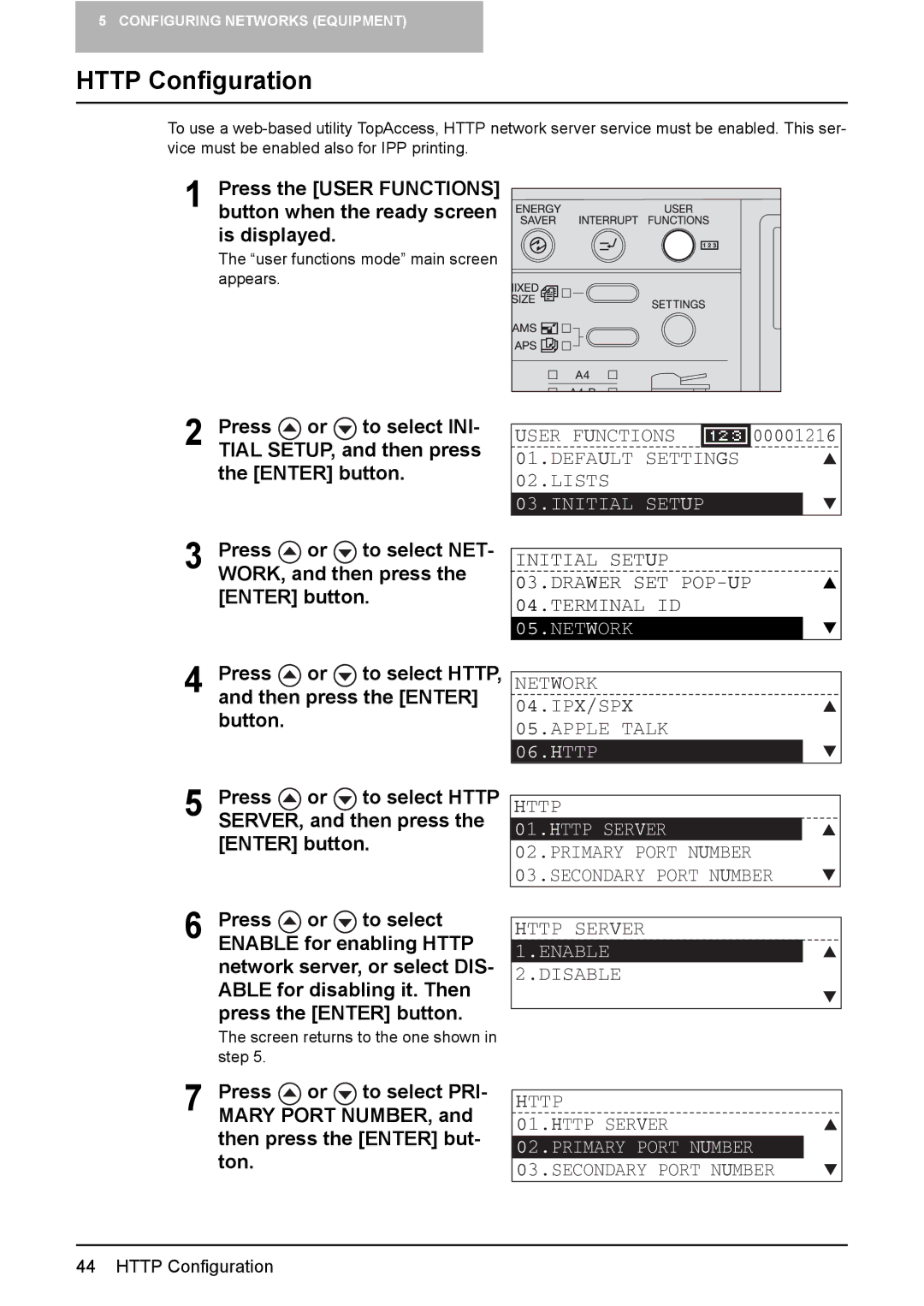 Toshiba GA-1190 setup guide Http Configuration, Press or to select HTTP, and then press the Enter button 