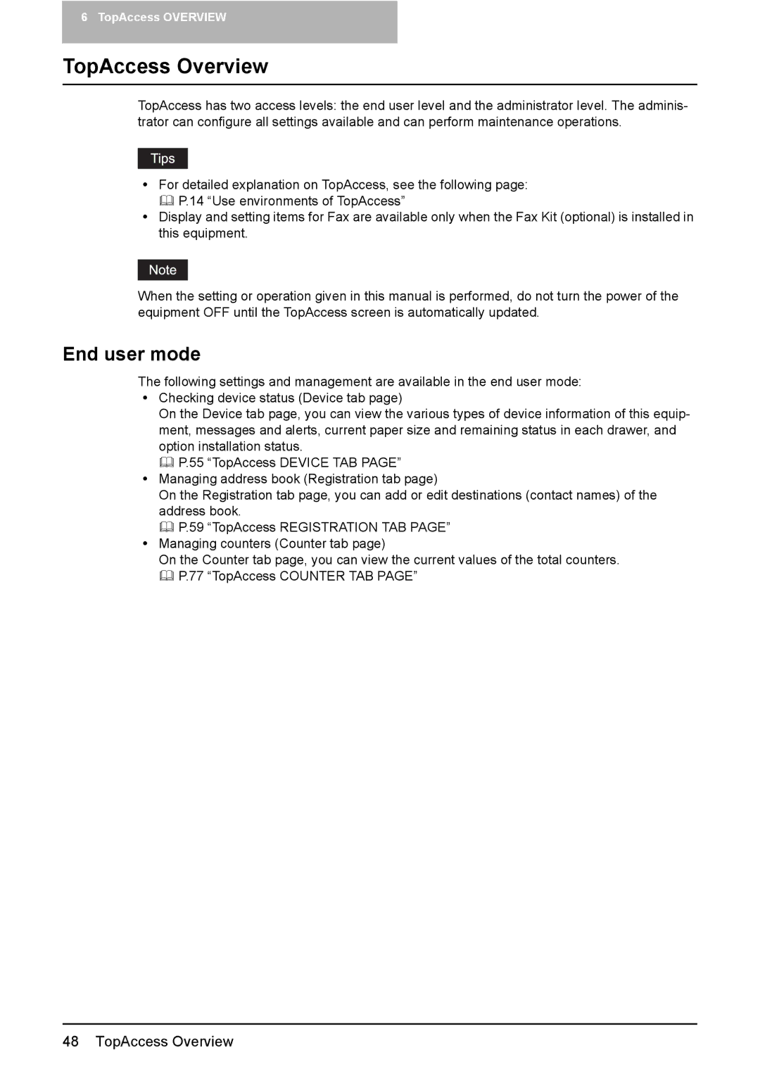 Toshiba GA-1190 setup guide TopAccess Overview, End user mode 